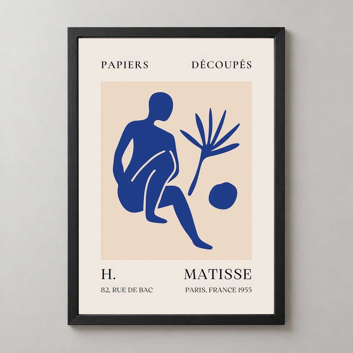 Papiers Découpés H. Matisse Print Blue Silhouette (1955) — realistic black frame studio view