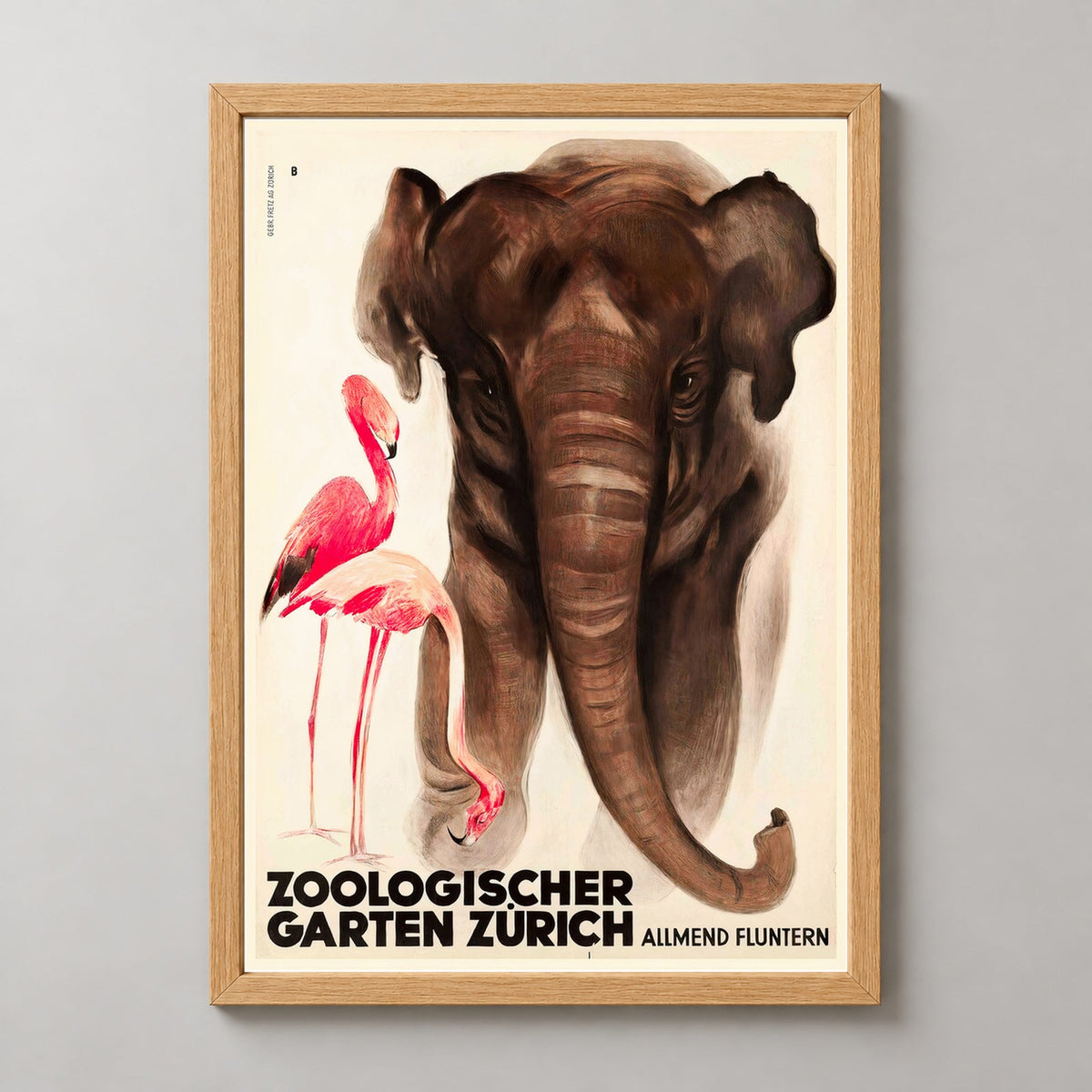 Zoological Garden Zurich Switzerland Vintage Advertising Poster — realistic natural wood frame studio view