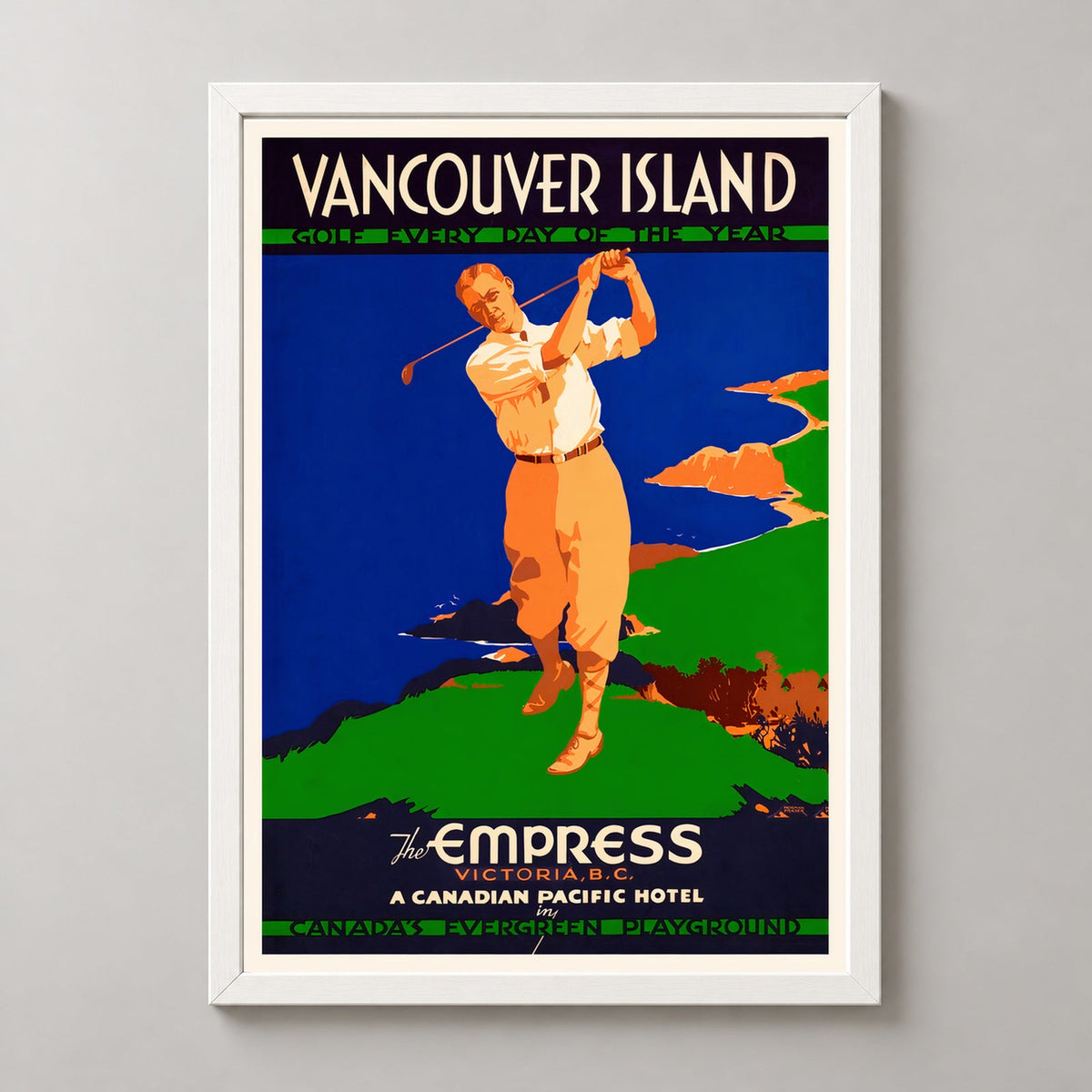 Vancouver Island Golf Every Day Vintage Travel Poster — realistic white frame studio view