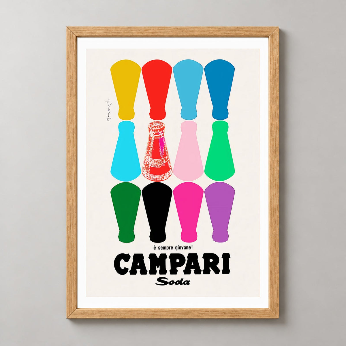Campari Poster - Colourful Bottles - Vintage Advertising Poster — realistic natural wood frame studio view