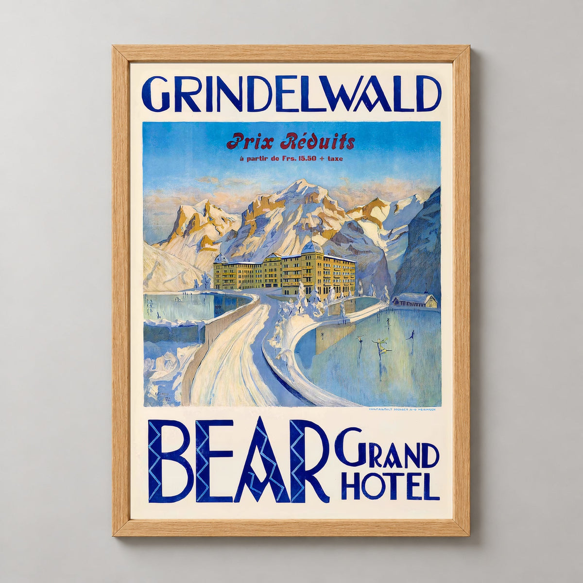 Bear Grand Hotel Grindelwald Switzerland Vintage Travel Poster — realistic natural wood frame studio view
