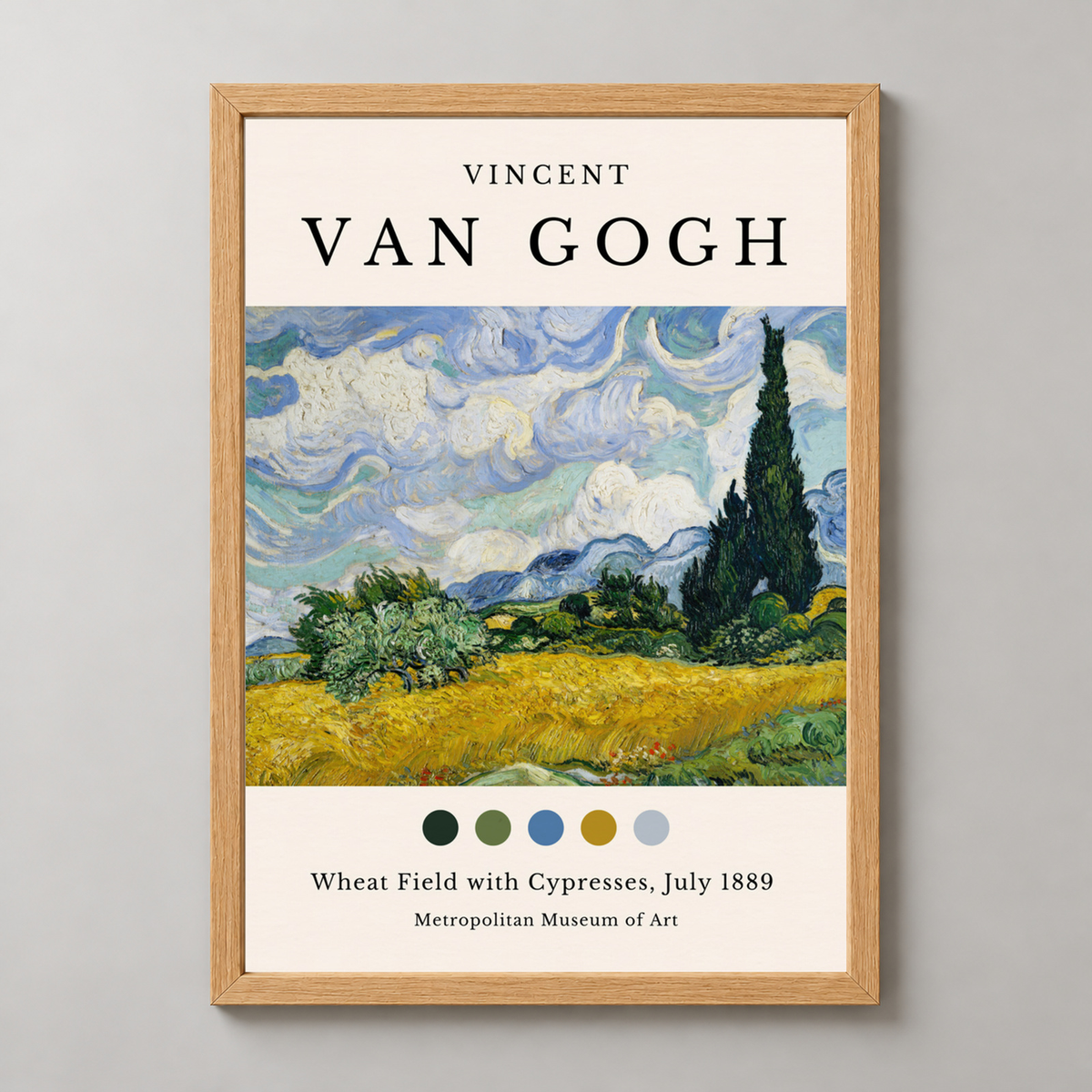 Van Gogh's Wheat Field with Cypresses - Post-Impressionist Art Print — realistic natural wood frame studio view
