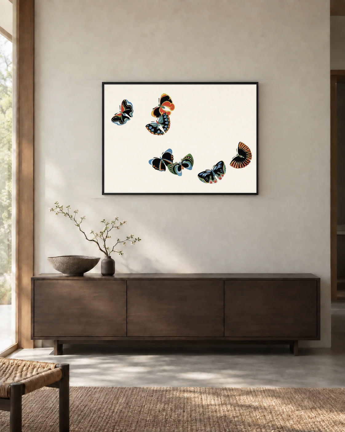 Dark Patterned Butterflies — styled room visualisation in a black frame