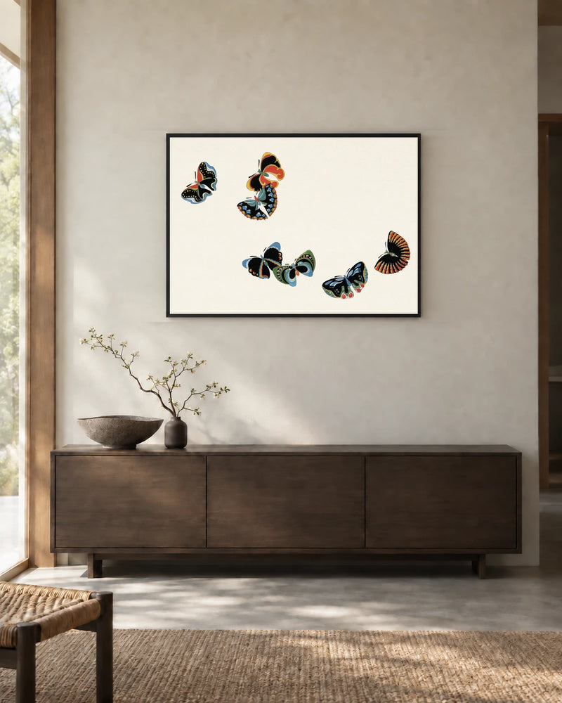 Dark Patterned Butterflies — styled room visualisation in a black frame