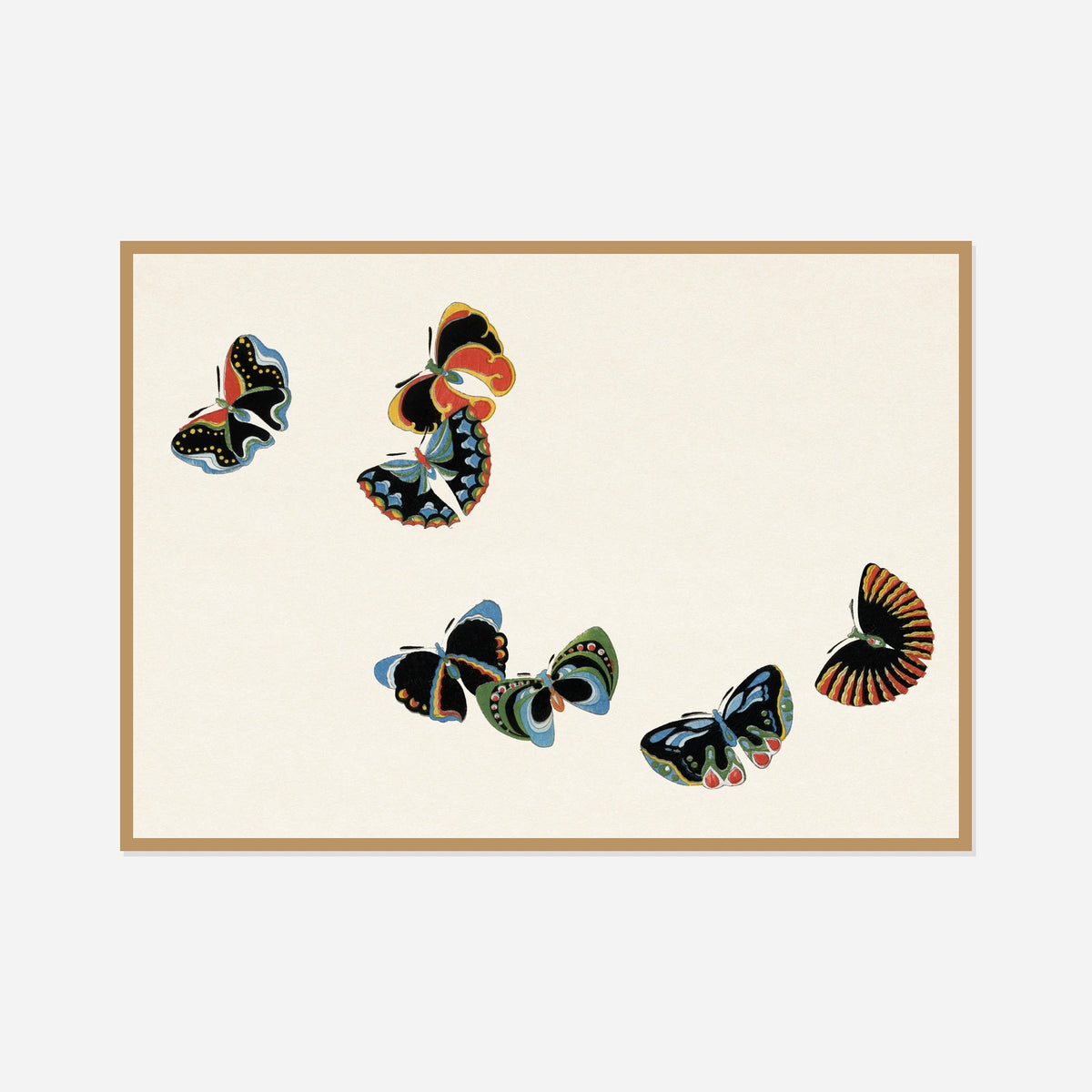Dark Patterned Butterflies — front view in a natural wood frame