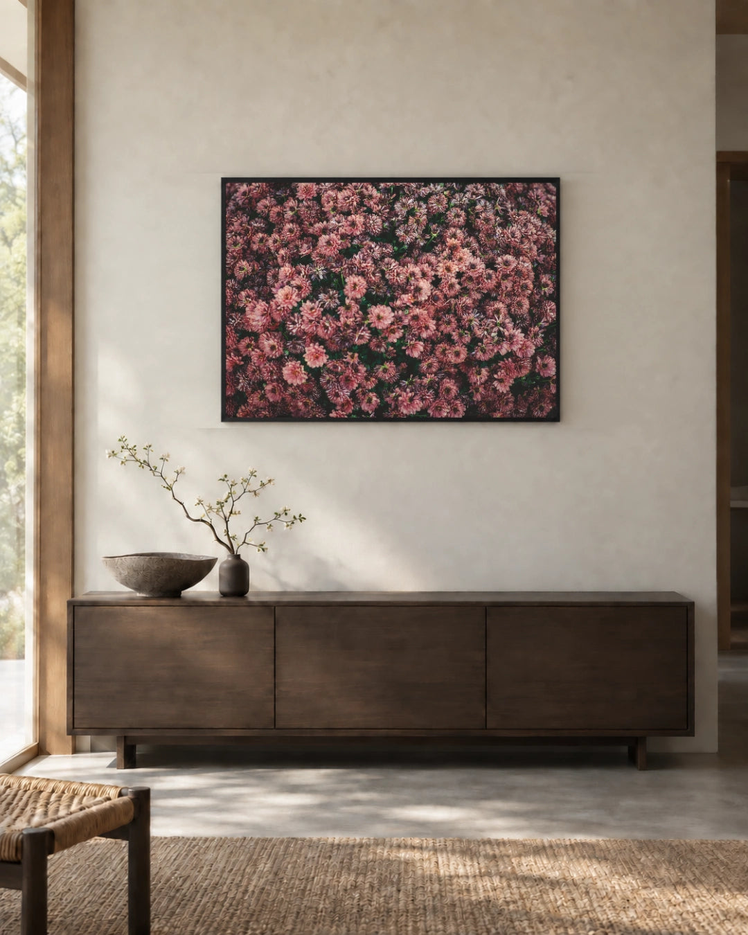 Dark Pink Dahlia Flowers Photographic Print — lifestyle view of the full-bleed print.