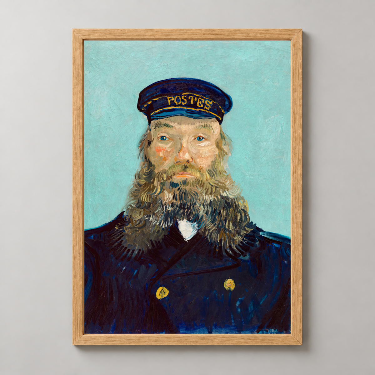 Van Gogh's Portrait of a Postman - Iconic Post-Impressionist Art Print — realistic natural wood frame studio view