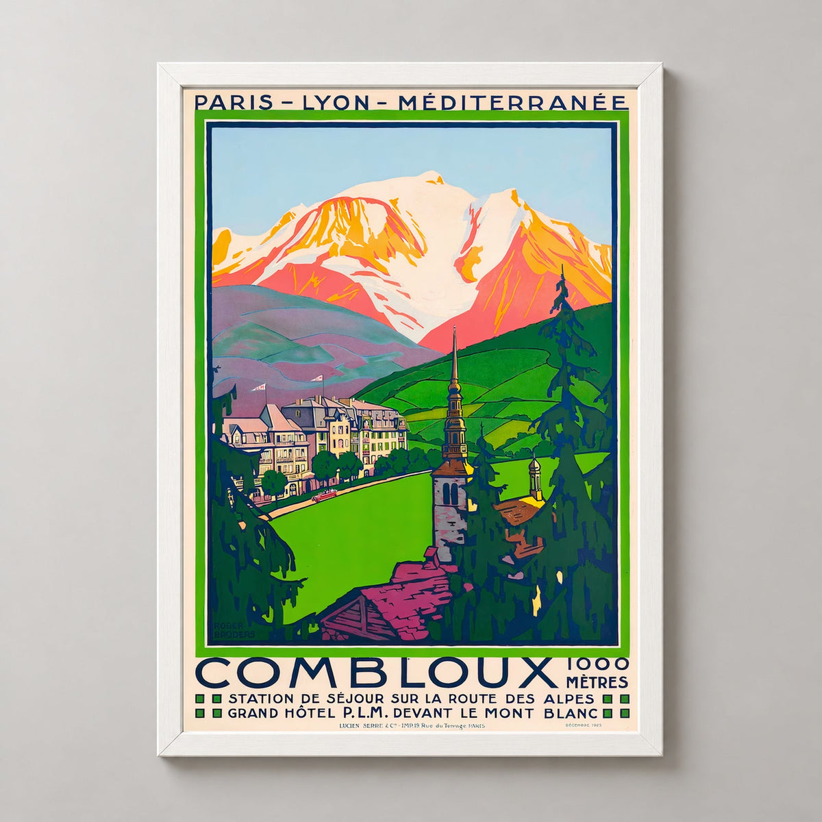 Combloux France Vintage Ski Poster - Vintage Travel Posters — realistic white frame studio view