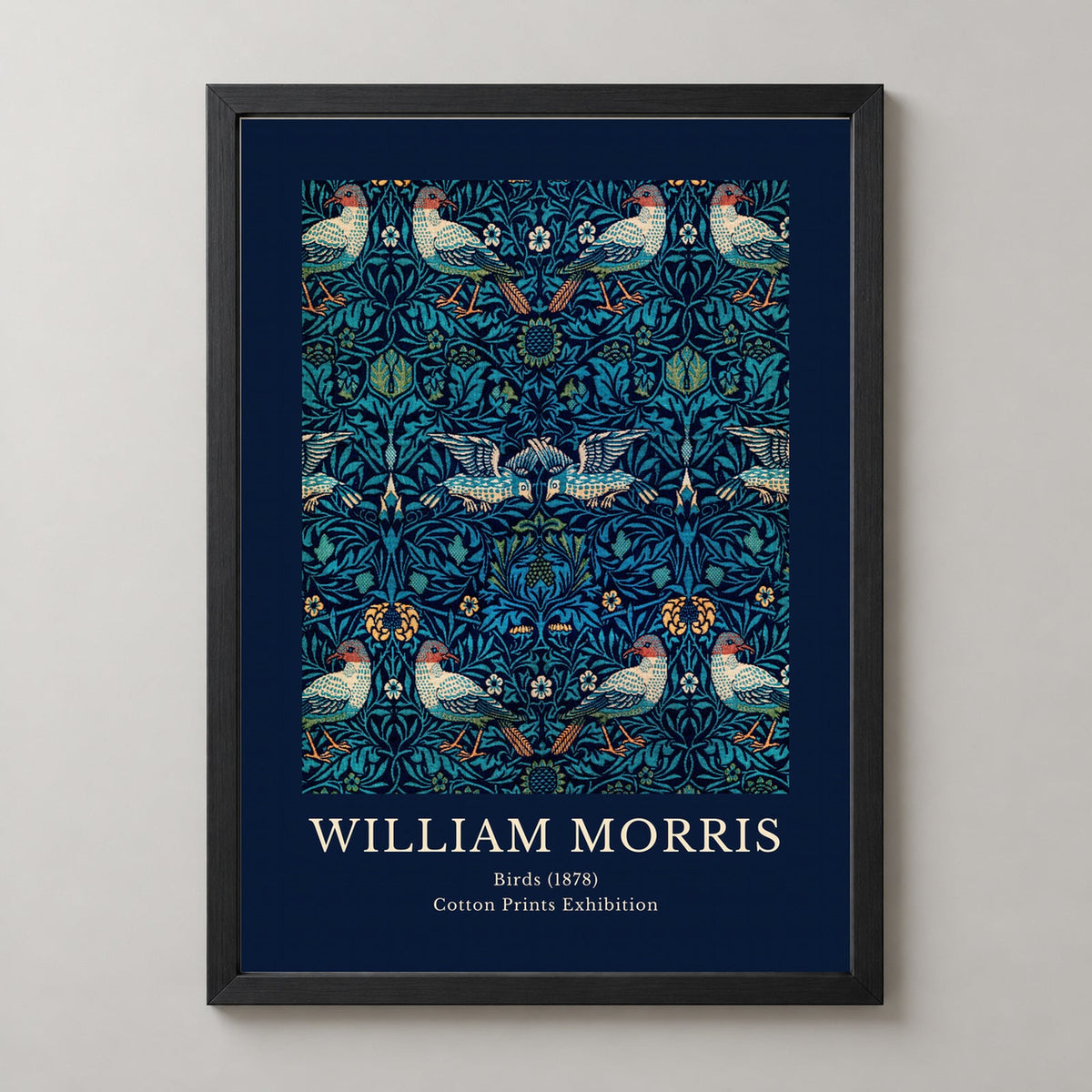 William Morris - Cotton Prints Exhibition, Birds (1878) — realistic black frame studio view
