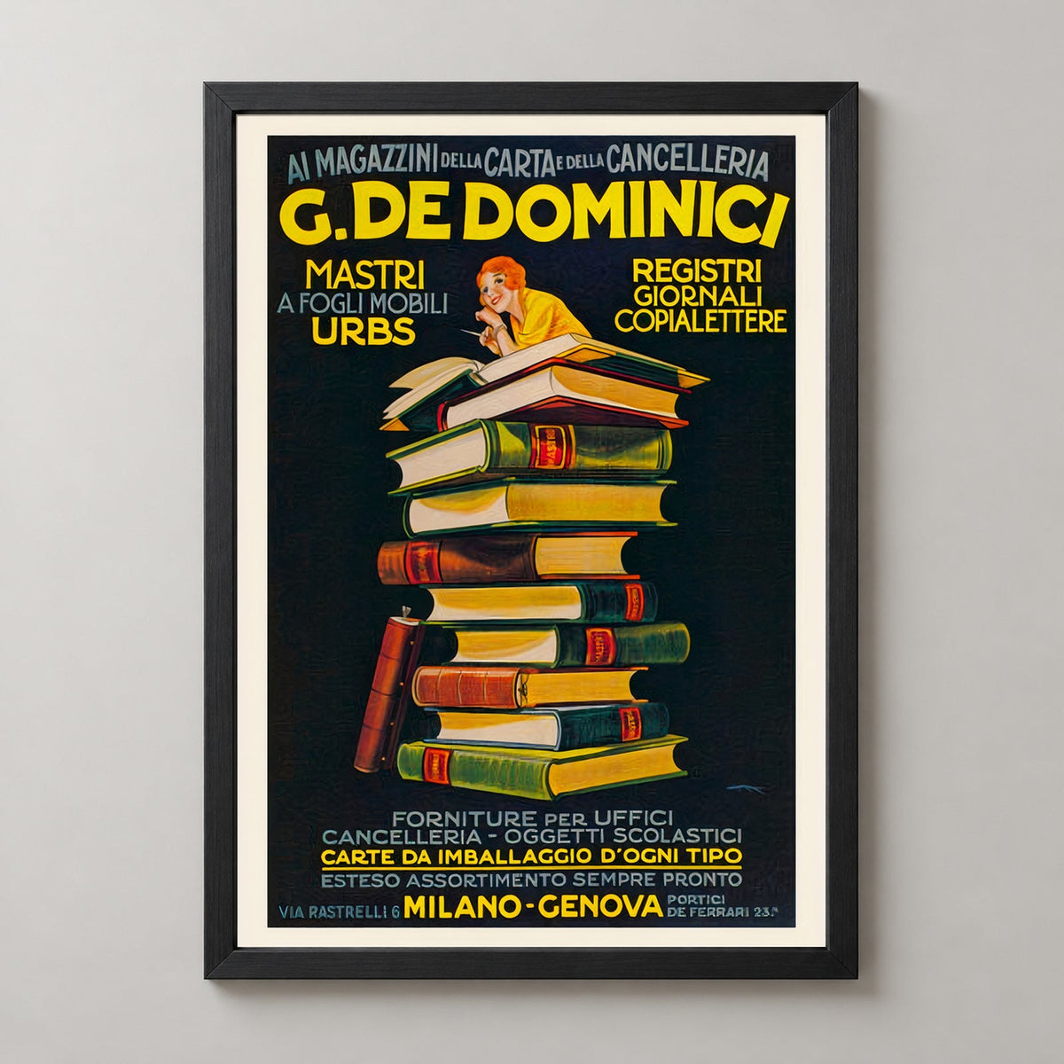 Vintage Advertising Poster - G. De Dominici Books - Framed/Unframed — realistic black frame studio view