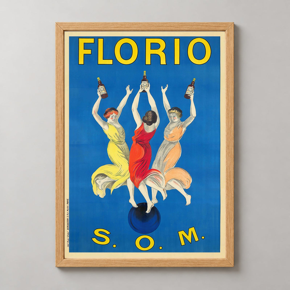 Florio S.O.M. Art Nouveau Poster by Leonetto Cappiello — realistic natural wood frame studio view