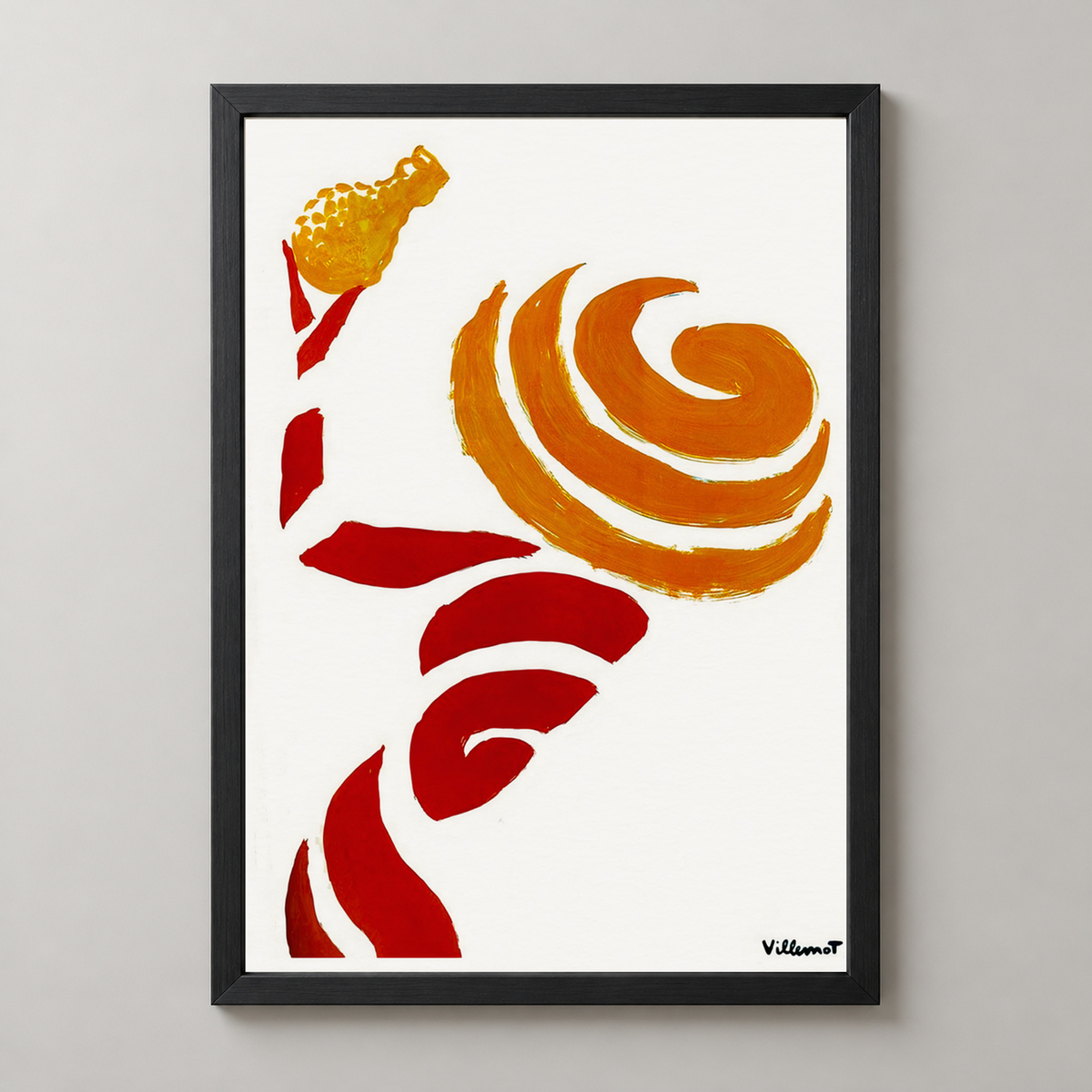 Bernard Villemot's Orange Swirl - Abstract Art Print — realistic black frame studio view