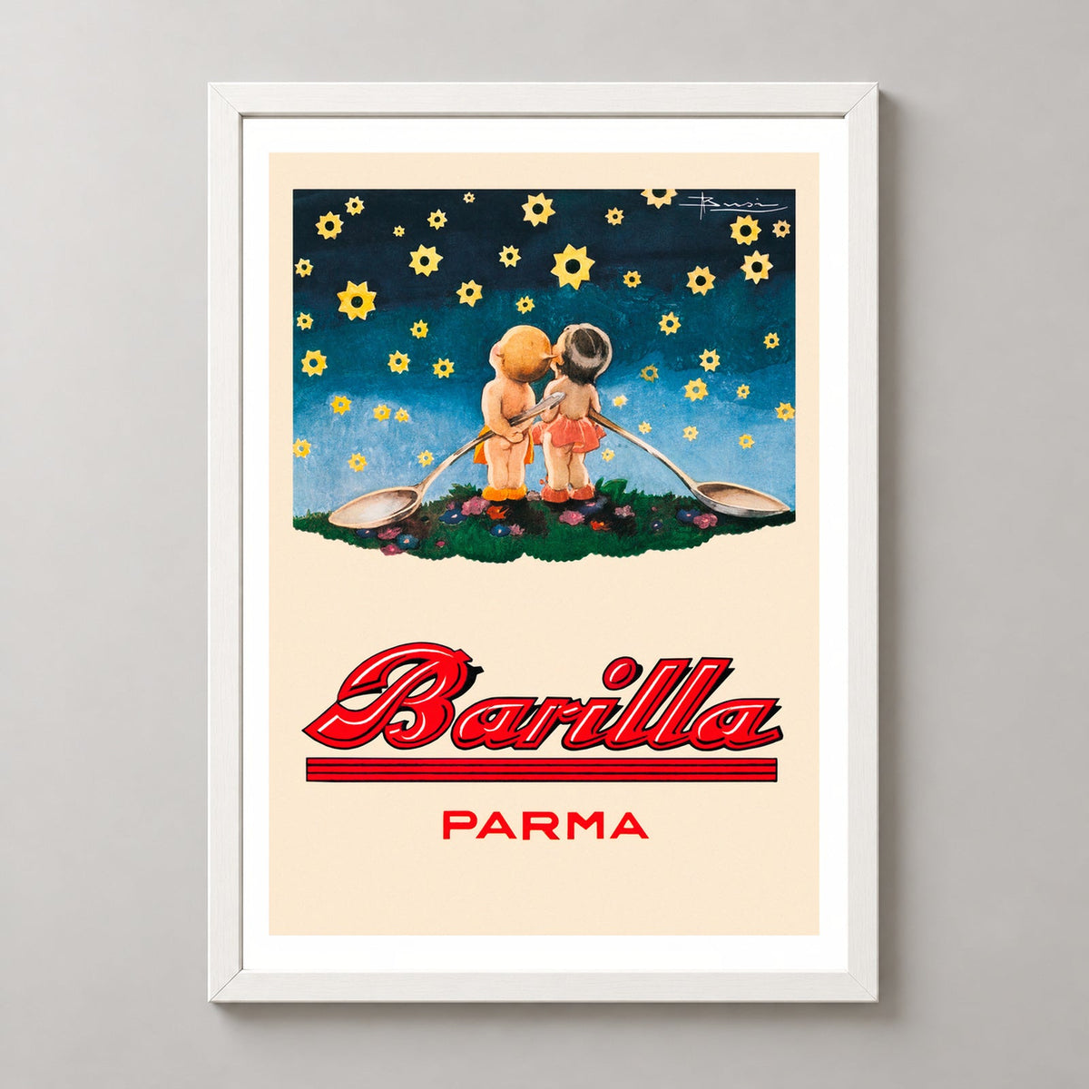 Barilla Parma Star Gazing Vintage Advertising Poster — realistic white frame studio view