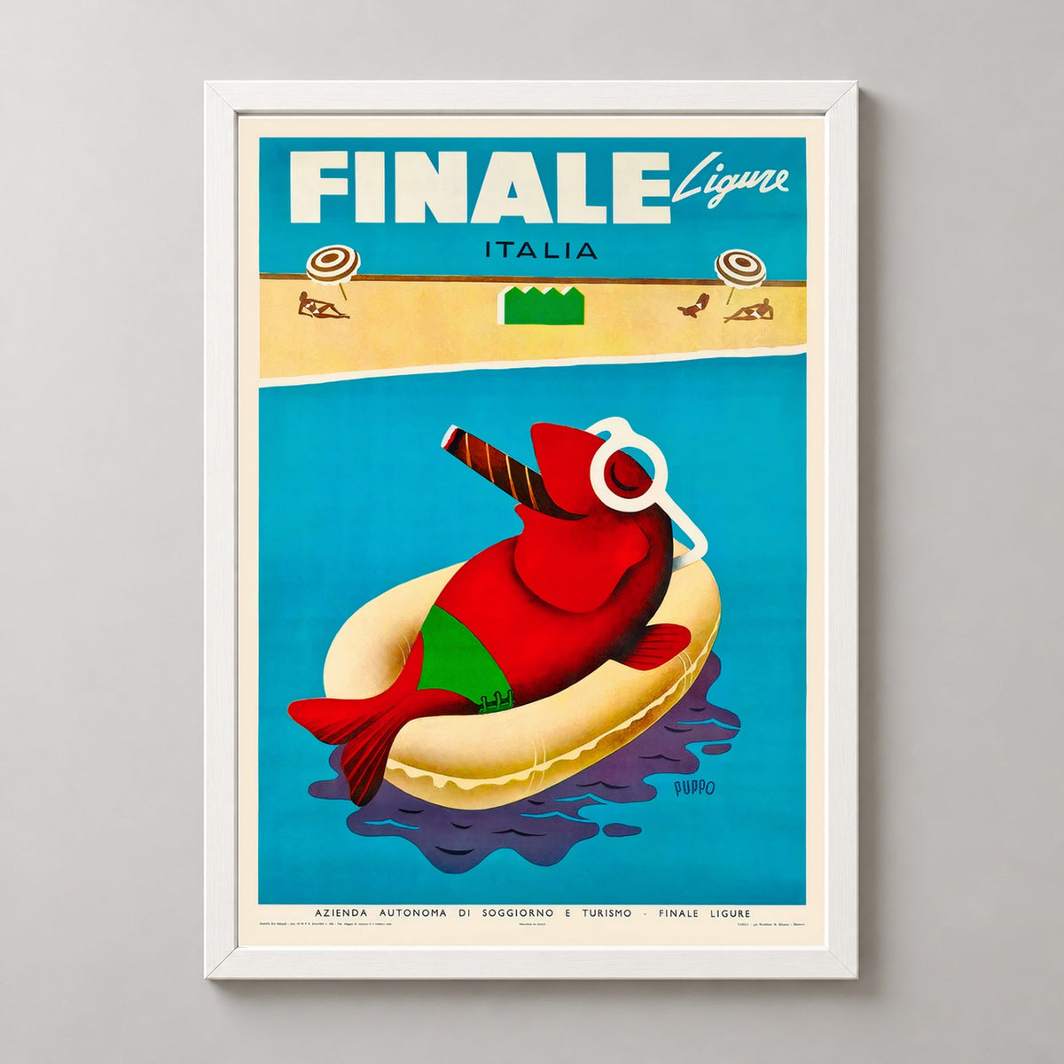 Finale Ligure Italy Vintage Travel Poster - Vibrant Coastal Art — realistic white frame studio view