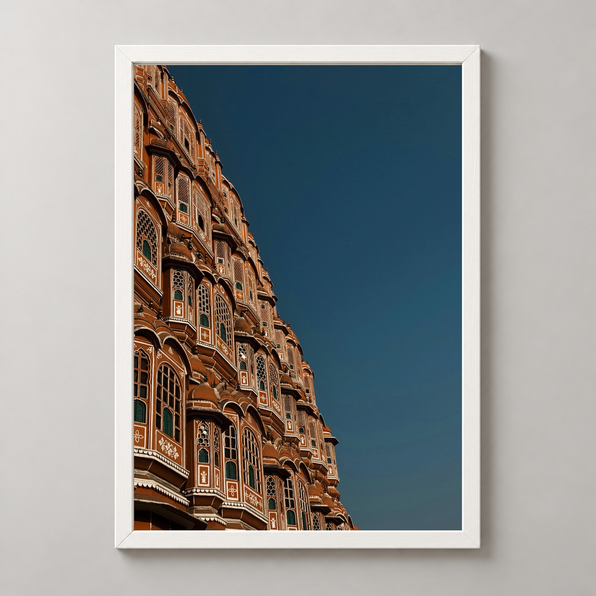 Hawa Mahal Jaipur - Architectural Marvel Art Print — realistic white frame studio view