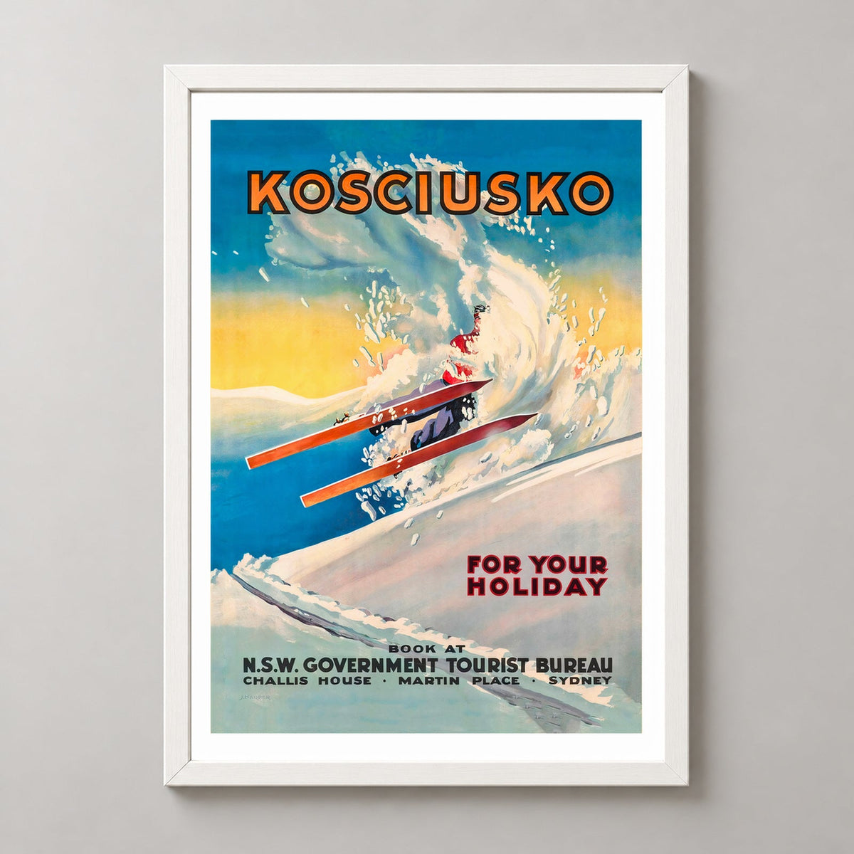 Mount Kosciuszko New South Wales Australia Vintage Ski Poster — realistic white frame studio view