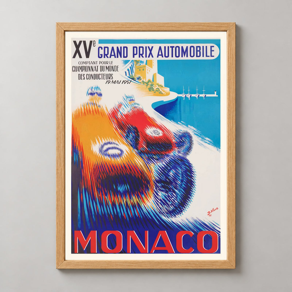 XV Grand Prix Automobile of Monaco 1957 Vintage Racing Poster — realistic natural wood frame studio view