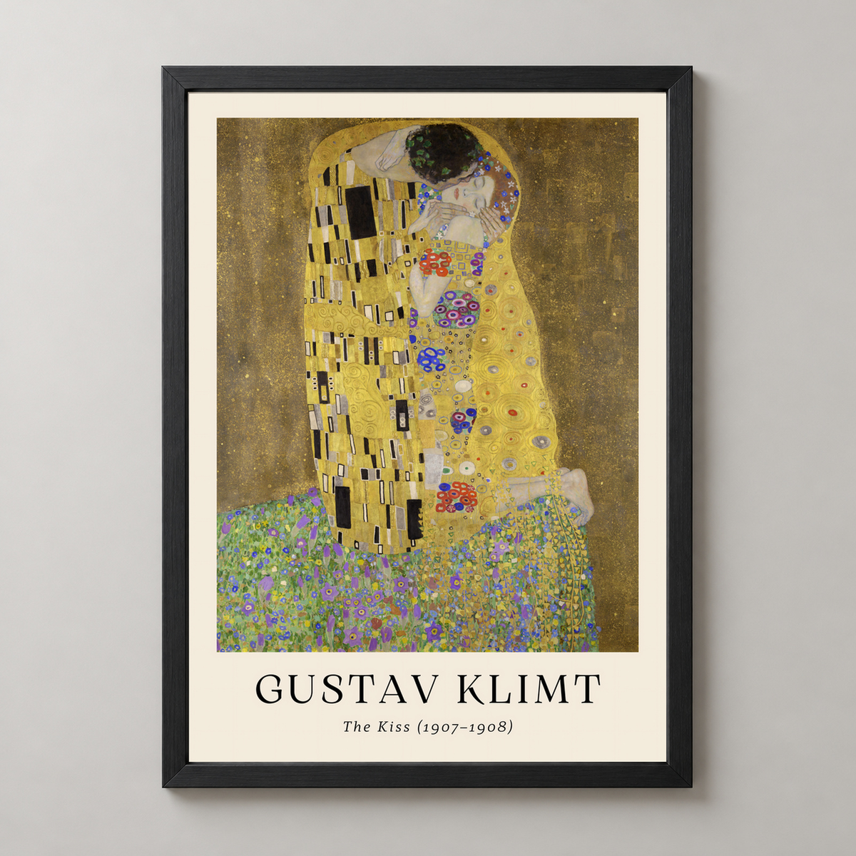 Gustav Klimt's The Kiss - Iconic Symbolist Art Print — realistic black frame studio view