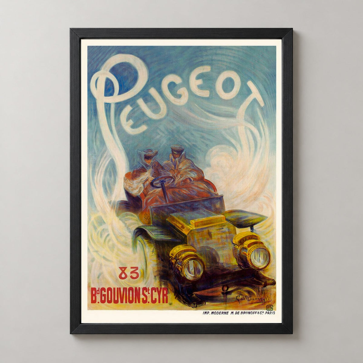 French Vintage Automobile Racing Poster — realistic black frame studio view