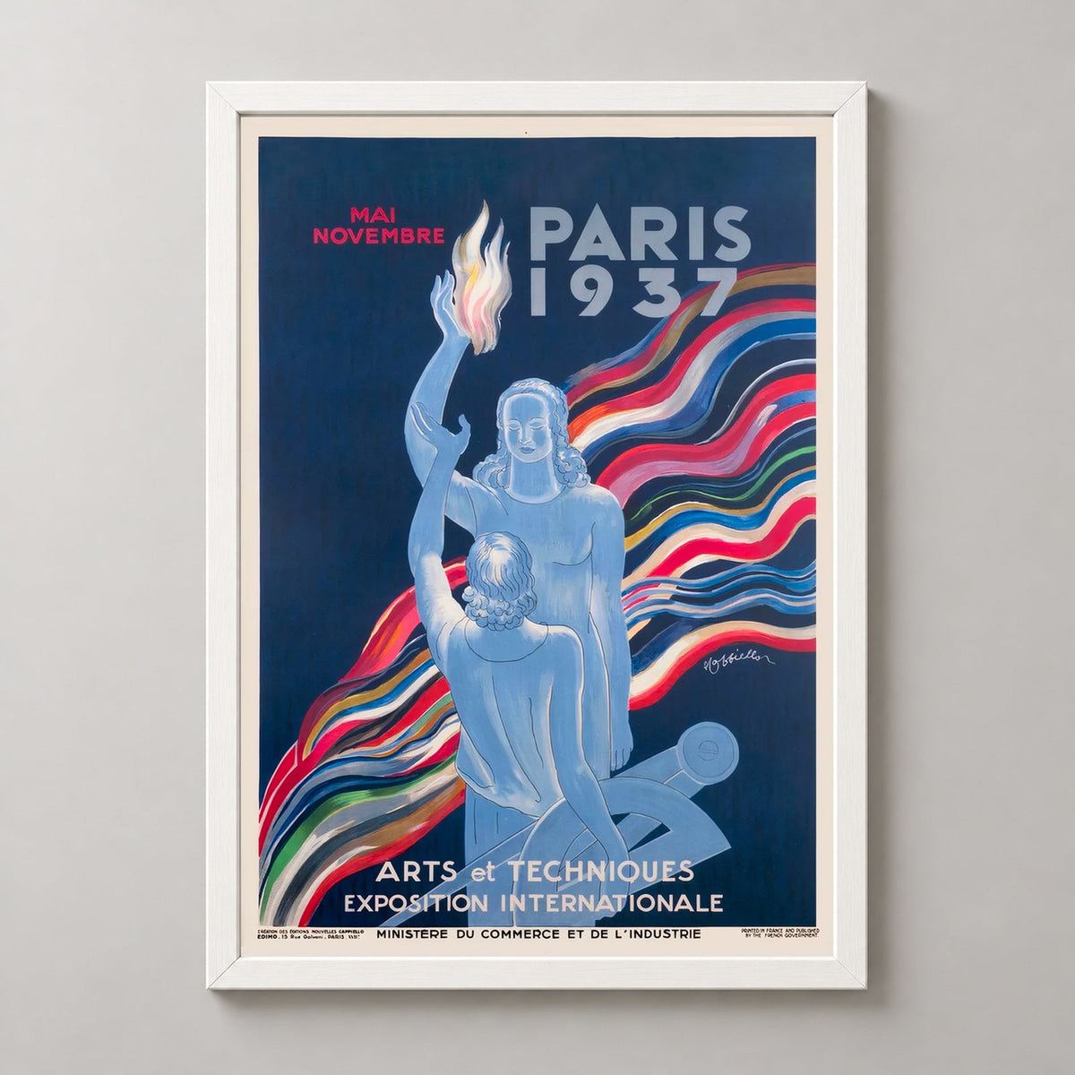 Paris Arts and Techniques International Exhibition 1937 Vintage French Poster — realistic white frame studio view