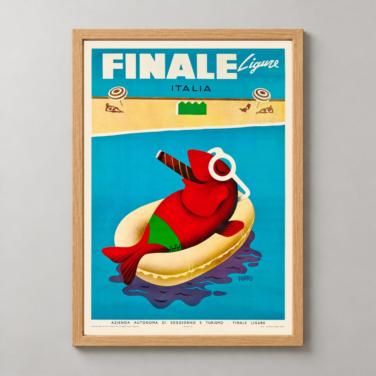 Finale Ligure Italy Vintage Travel Poster - Vibrant Coastal Art — realistic natural wood frame studio view