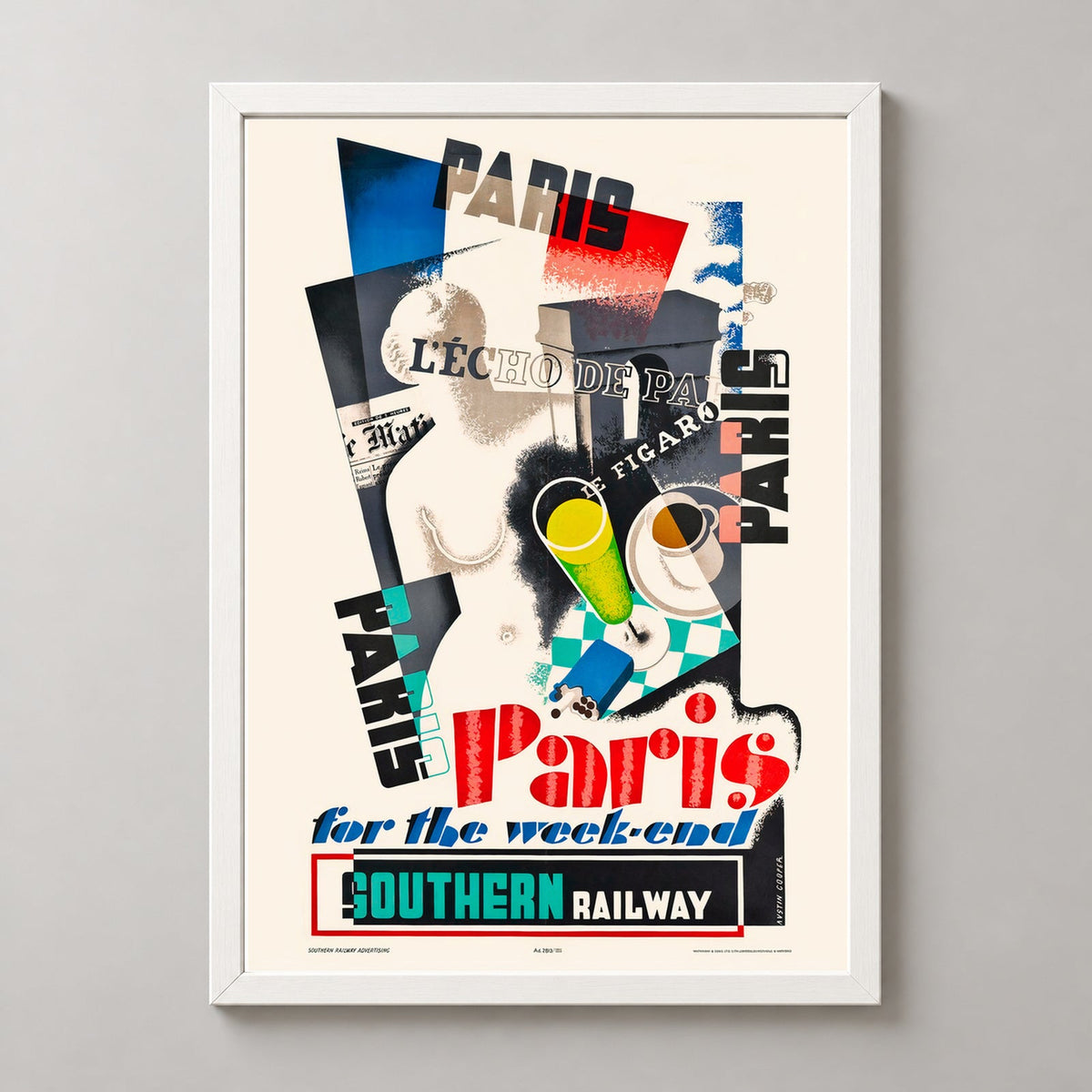 Paris For the Weekend Southern Railway Vintage Travel Poster — realistic white frame studio view