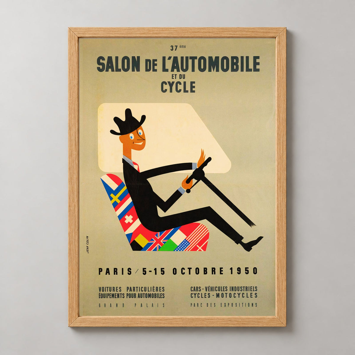Salon de L'automobile Vintage Advertising Poster 1950 — realistic natural wood frame studio view