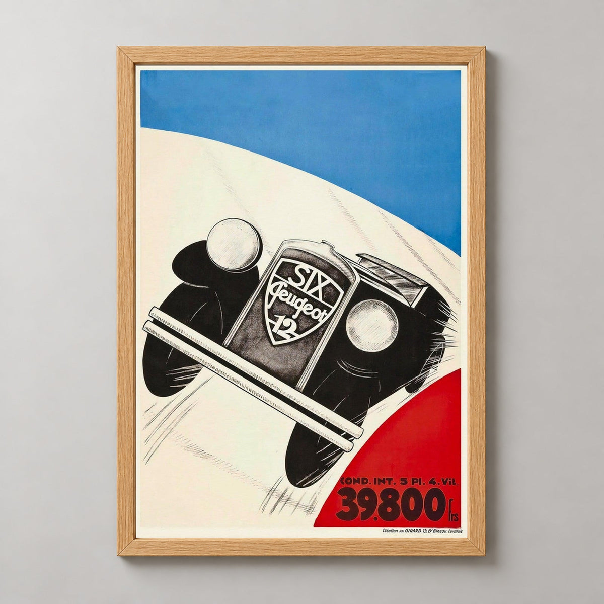 Vintage French Automobile Racing Poster - Tricolour — realistic natural wood frame studio view
