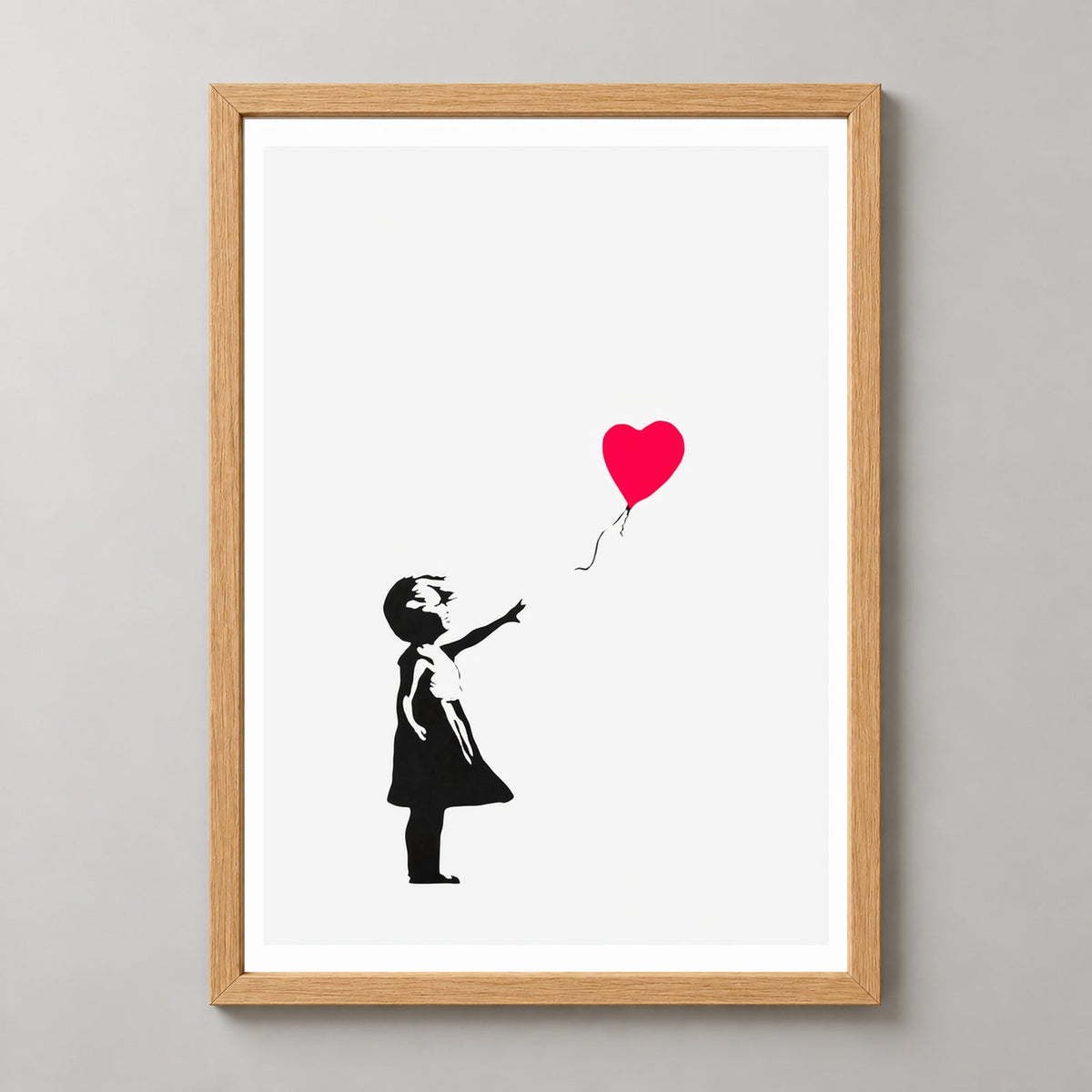 Banksy Girl With Balloon, 2004 — realistic natural wood frame studio view