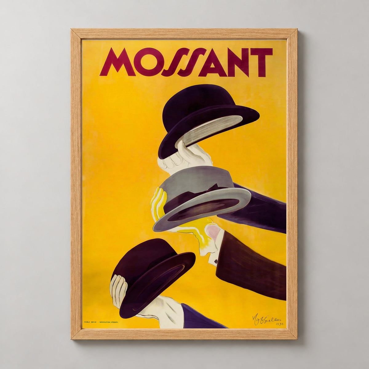 Mossant Hat Company Vintage Advertising Poster - Framed/Unframed — realistic natural wood frame studio view
