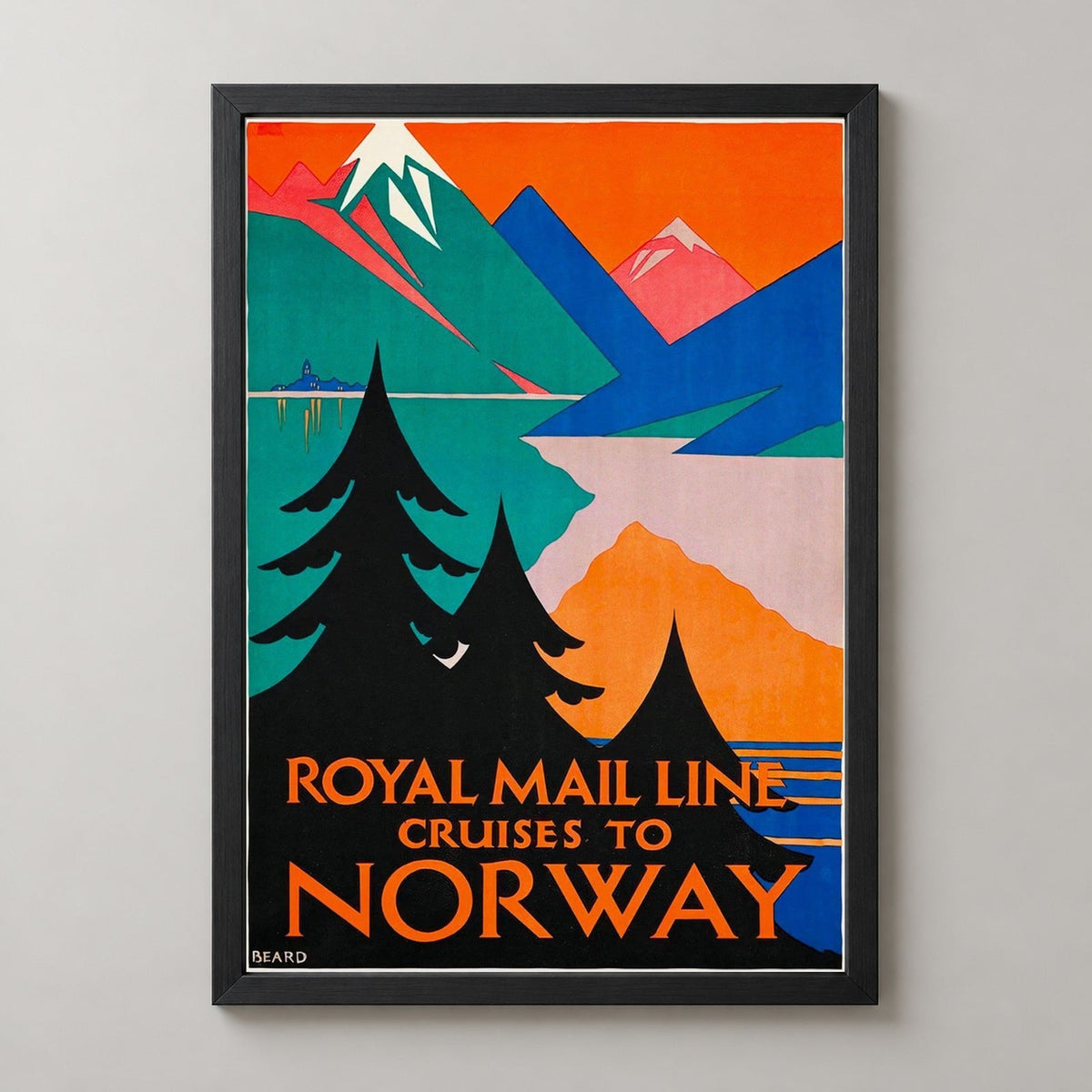 Royal Mail Line Cruise to Norway Vintage Travel Poster — realistic black frame studio view