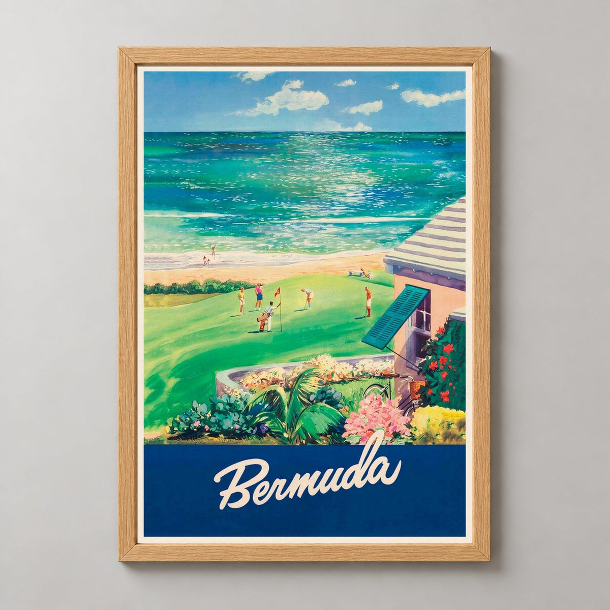 Bermuda Vintage Travel Poster — realistic natural wood frame studio view