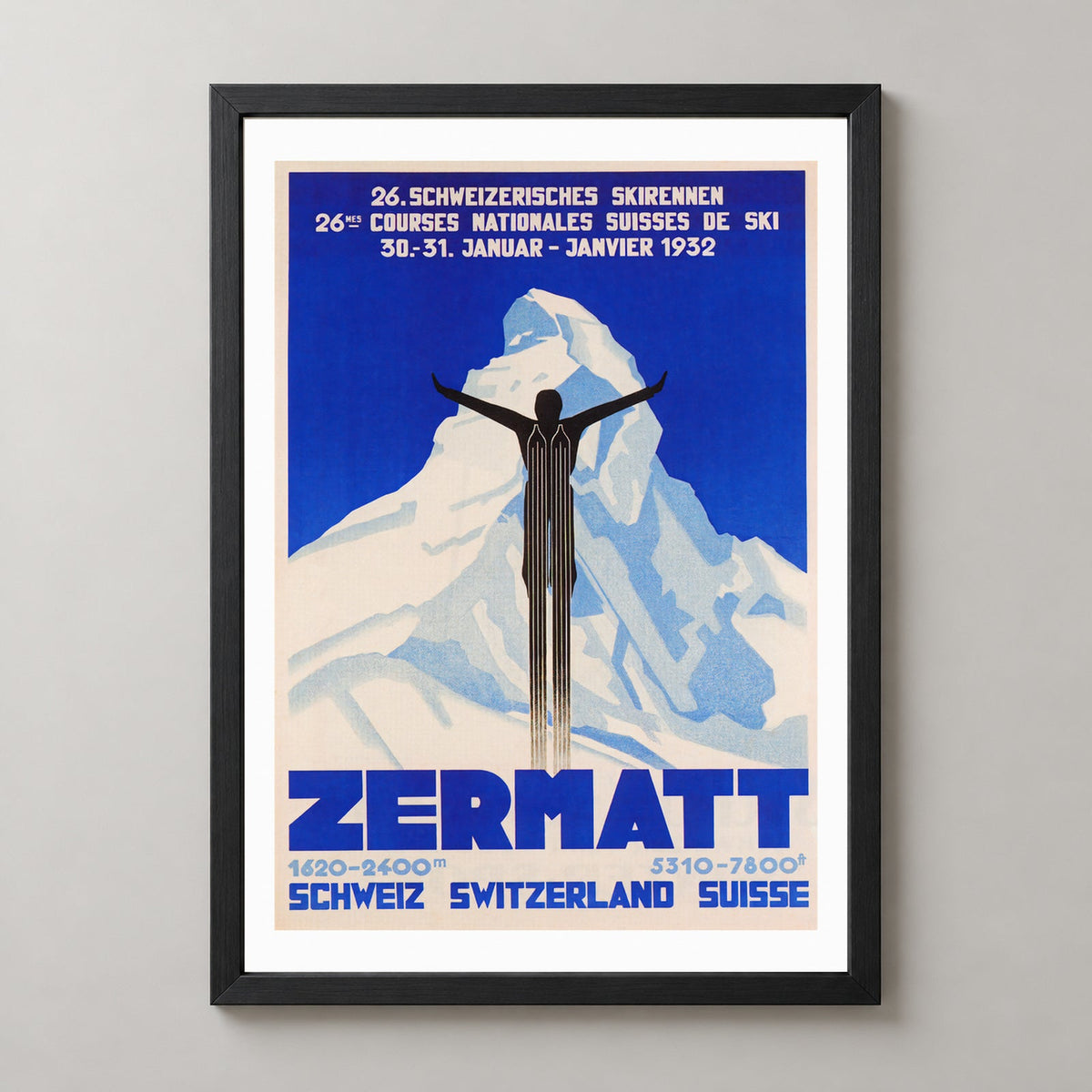 Zermatt Switzerland Swiss Vintage Aerial Ski Poster 1932 — realistic black frame studio view