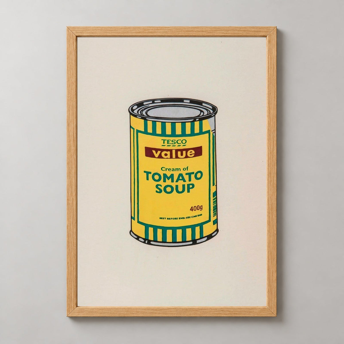 Banksy Soup Can Yellow Emerald Brown, 2006 — realistic natural wood frame studio view