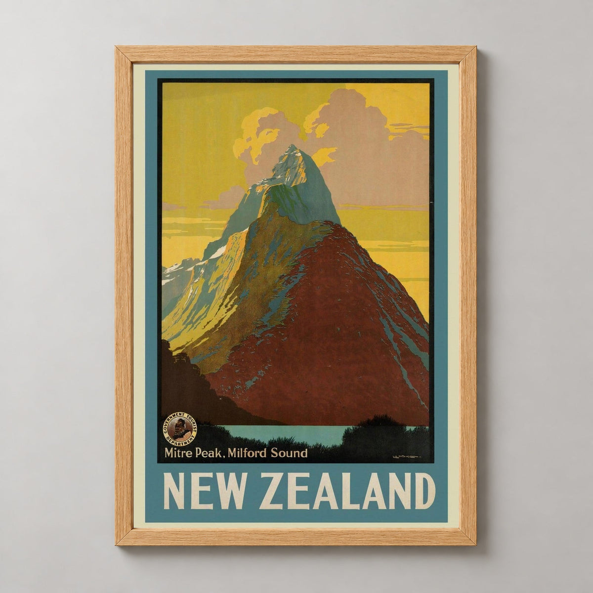 Milford Sound Vintage Travel Poster — realistic natural wood frame studio view