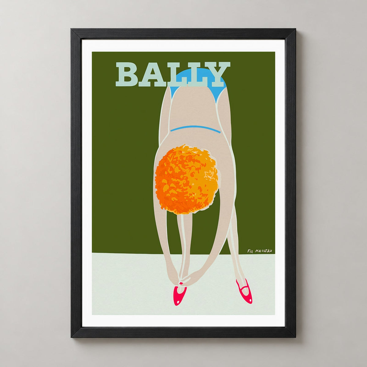 Bally Shoes Vintage Advertising Poster 1980 | Pierre Fix-Masseau — realistic black frame studio view