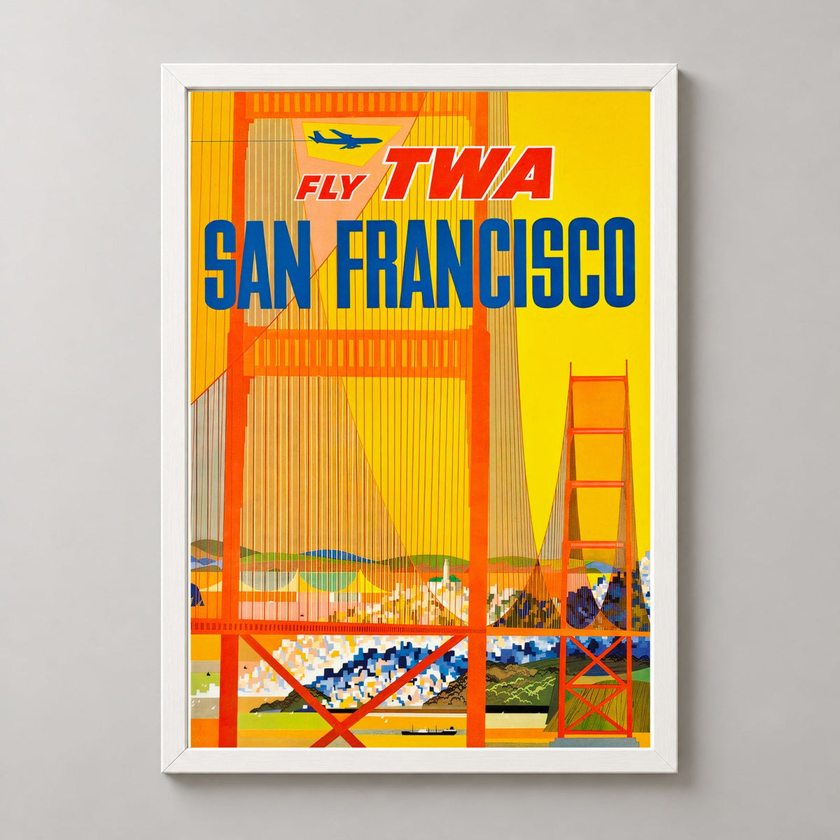 San Francisco United States Airline Vintage Travel Poster — realistic white frame studio view