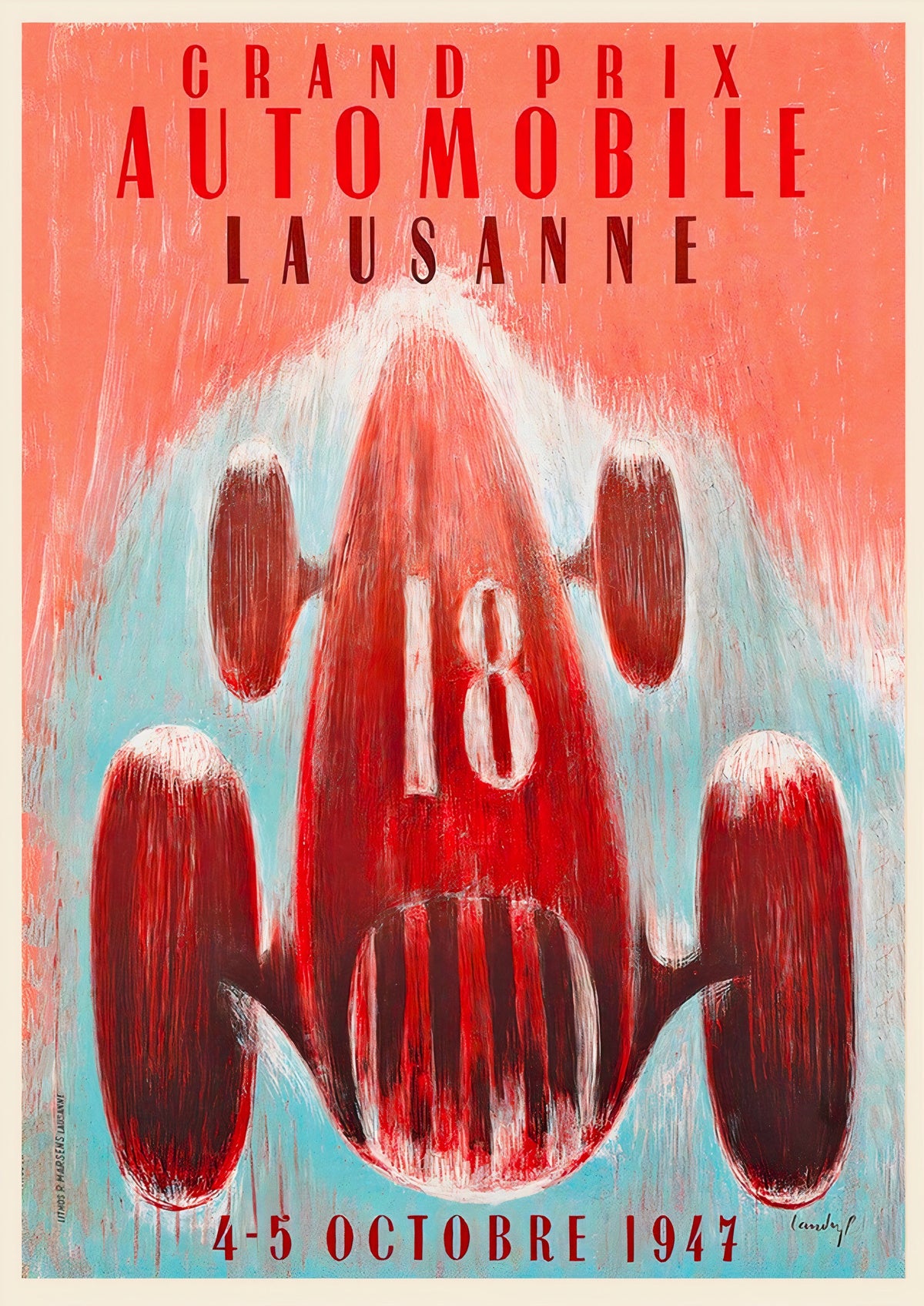 Grand Prix Automobile Lausanne 1947 Vintage Racing Poster — poster only, complete unframed artwork