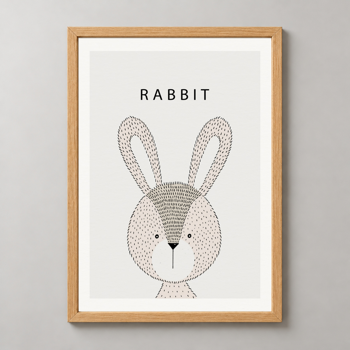 Minimalist Rabbit Illustration Art Print — realistic natural wood frame studio view