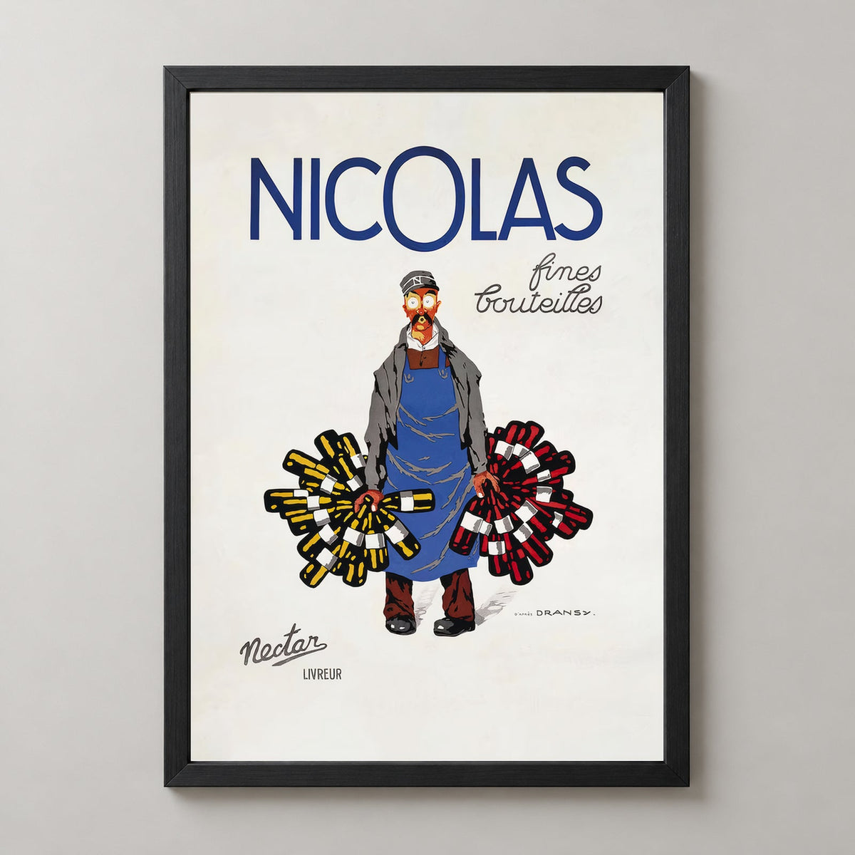 Nicolas Fine Bottles poster by Jules Isnard Dransy (1930) - French Vintage Poster — realistic black frame studio view