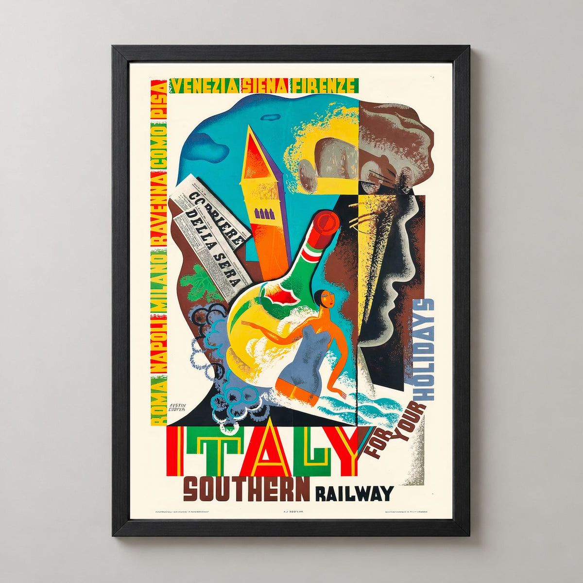 Italy for Your Holiday Southern Railway Vintage Travel Poster — realistic black frame studio view