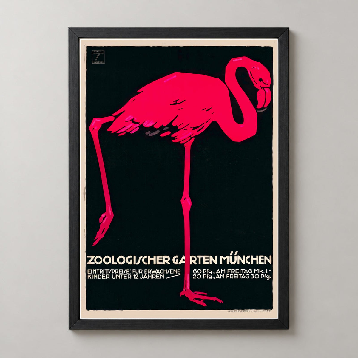 Munich Zoo Pink Flamingo Vintage Poster by Ludwig Holhwein — realistic black frame studio view