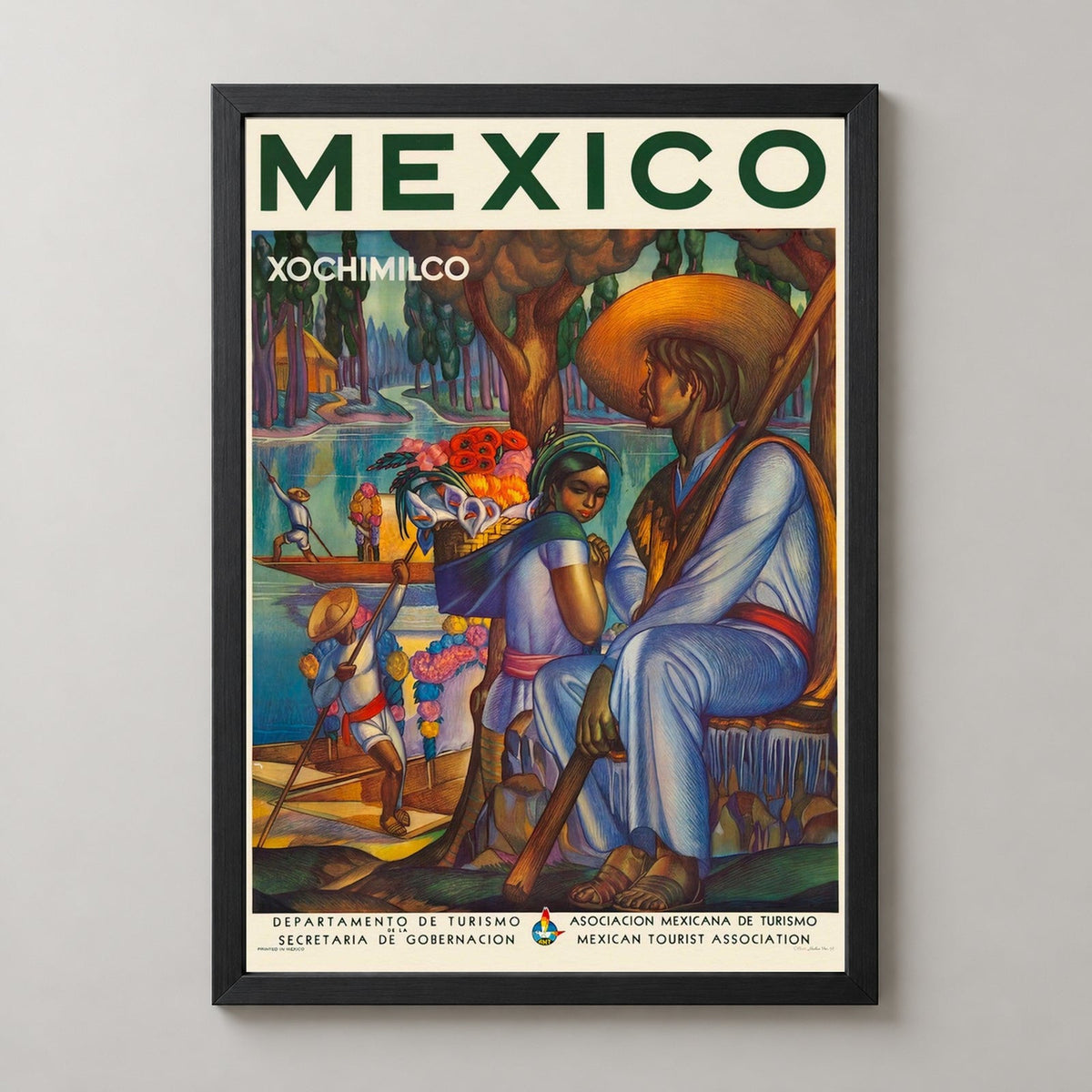 Mexico Xochimilco Vintage Travel Poster | Rare Art Print — realistic black frame studio view