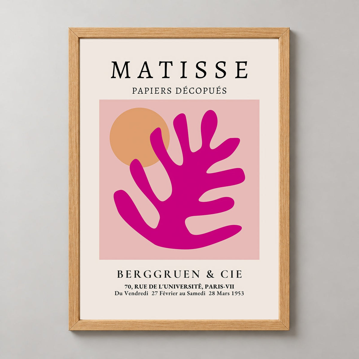 Henri Matisse Exhibition Print, Galerie Berggruen & Cie (Pink Foliage) — realistic natural wood frame studio view