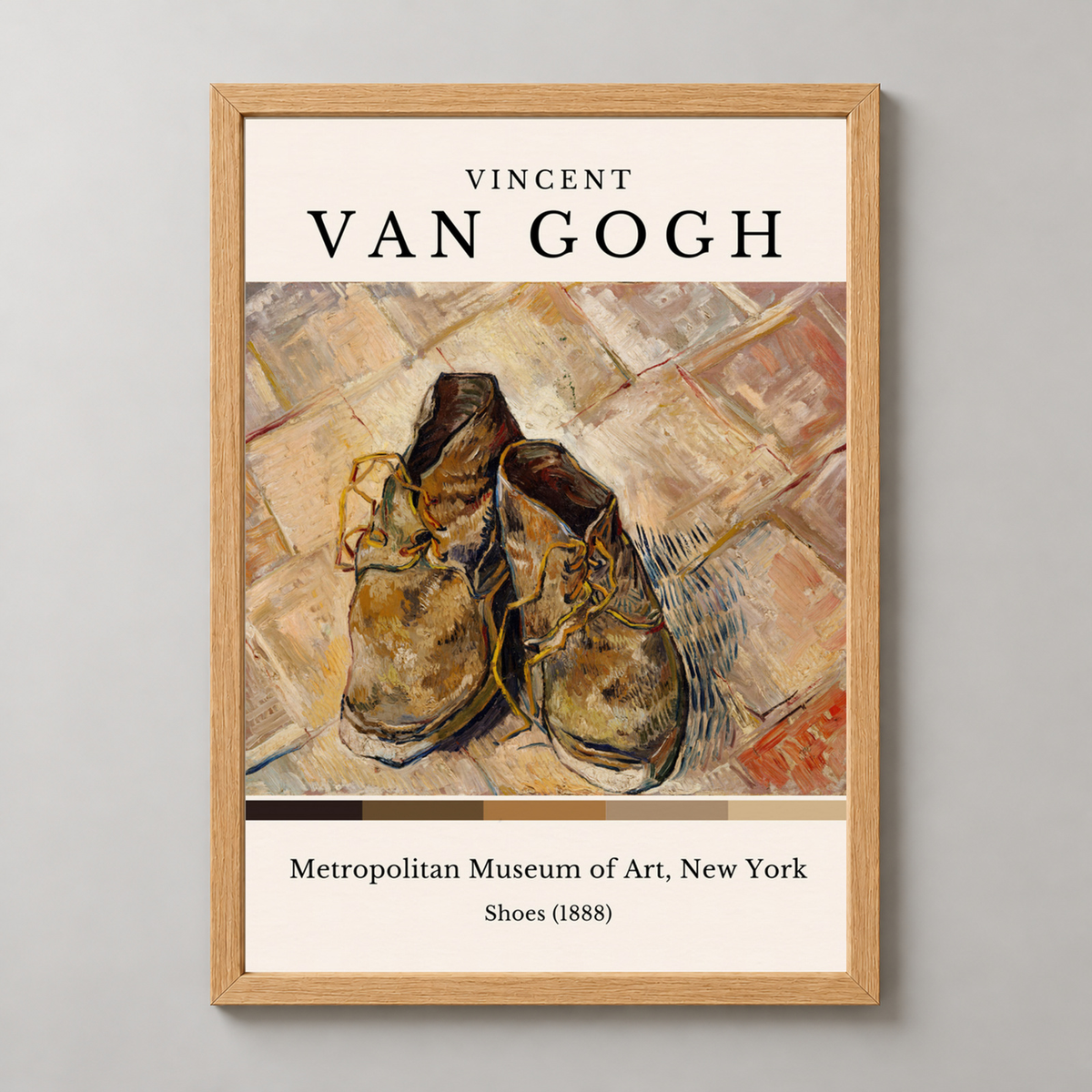 Van Gogh's Shoes - Iconic Post-Impressionist Art Print — realistic natural wood frame studio view