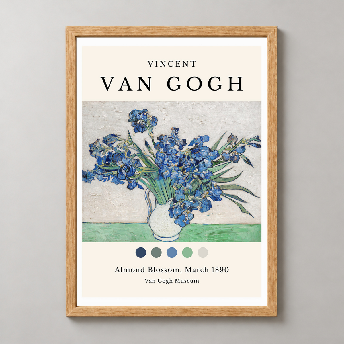 Van Gogh's Irises in Vase - Iconic Post-Impressionist Art Print — realistic natural wood frame studio view