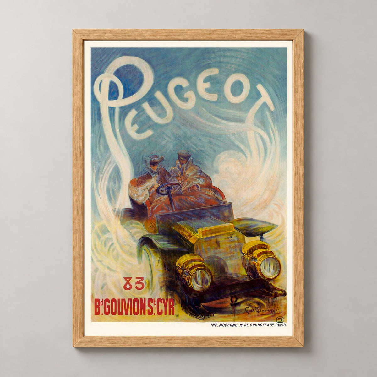 French Vintage Automobile Racing Poster — realistic natural wood frame studio view