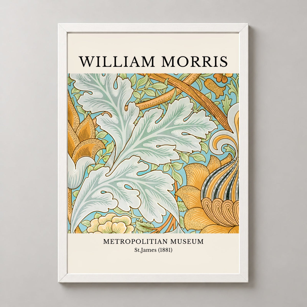 William Morris Print  - Metropolitan Museum, St. James (1881) — realistic white frame studio view