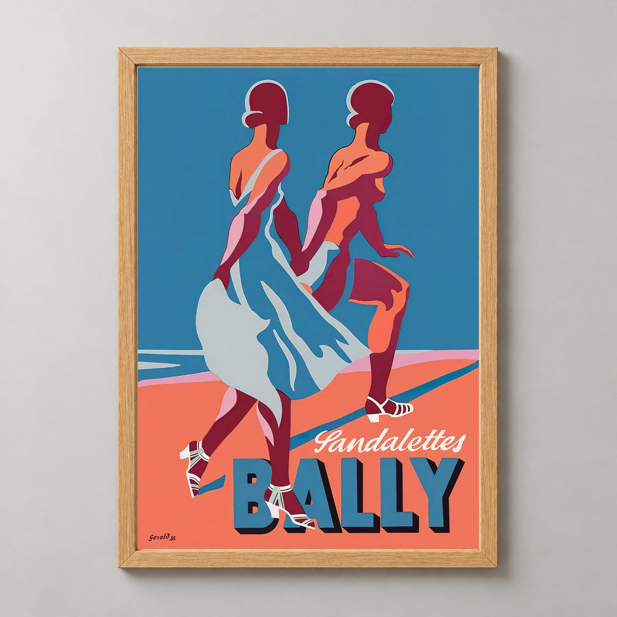 Bally Sandalettes Vintage Advertising Poster - Elegant 1950s Fashion Art — realistic natural wood frame studio view