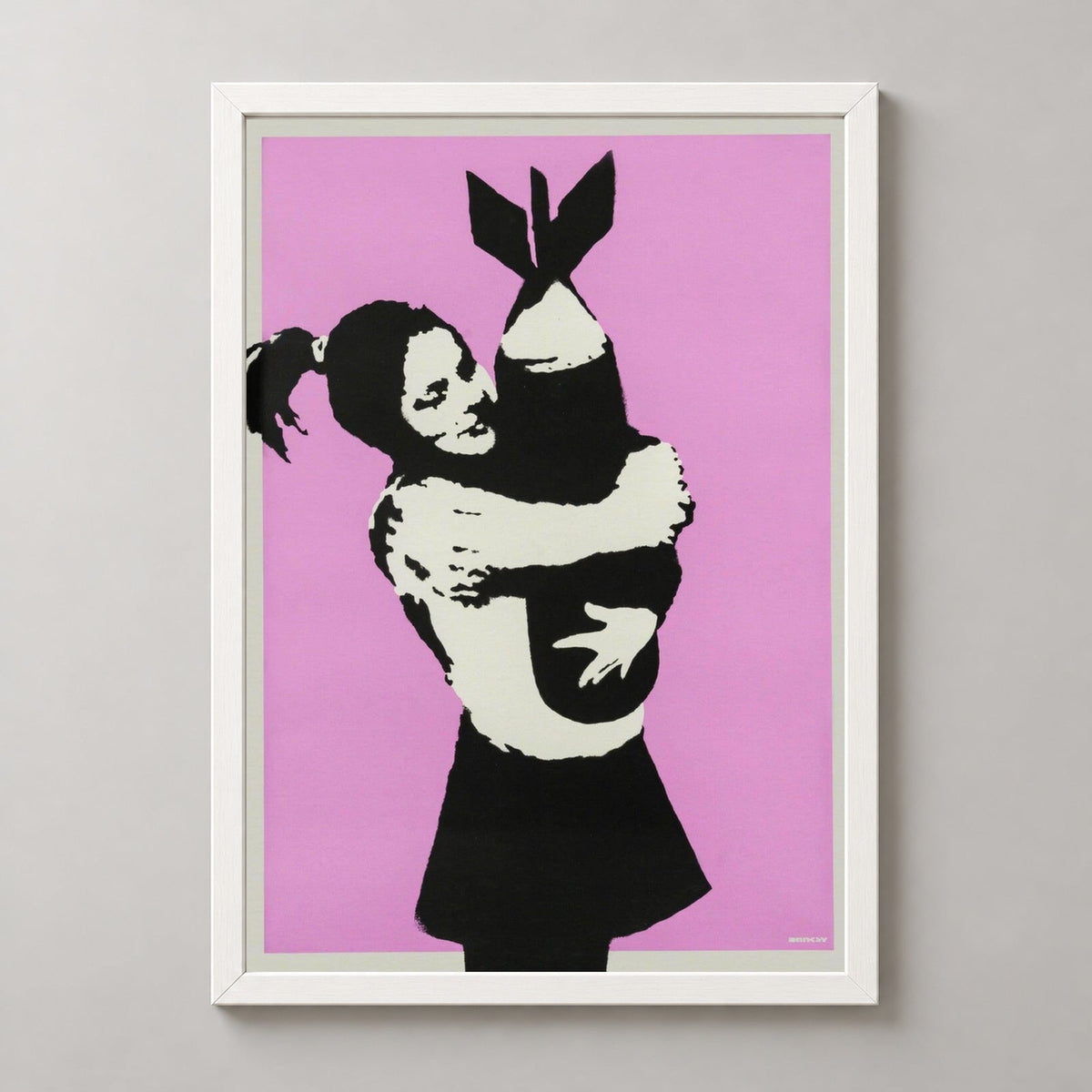 Banksy Bomb Hugger, 2003 — realistic white frame studio view